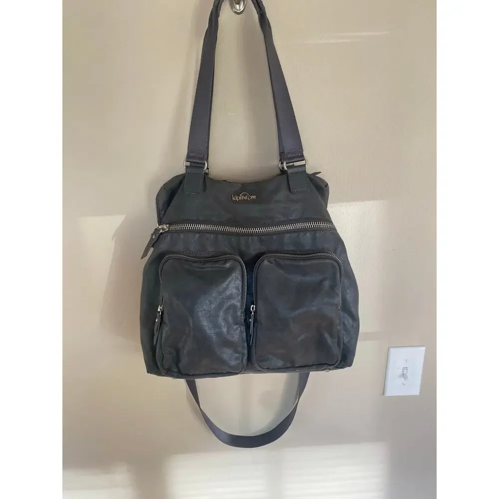 Kipling Camryn Laptop Bag Large Metallic Gray Handbag Travel Work Casual